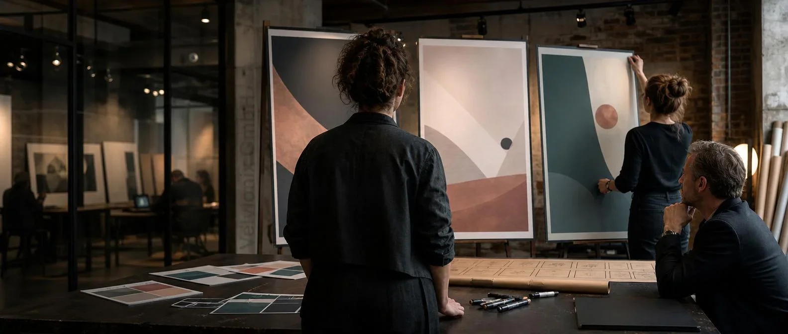 Dekoratives Branchenmotiv: Werbeagentur-Pitch mit großen Poster-Mockups im Kreativ-Loft