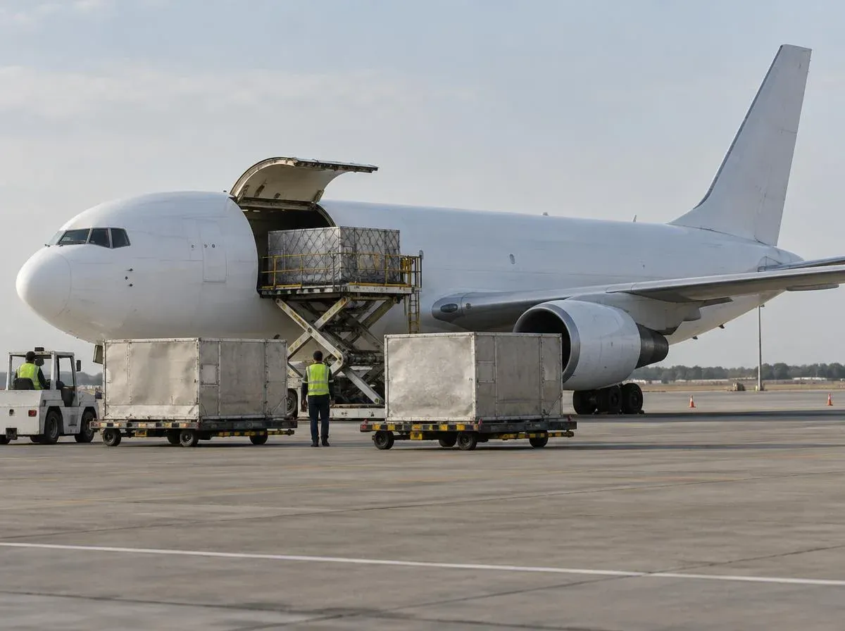 Cargo aircraft on the apron with the cargo door open