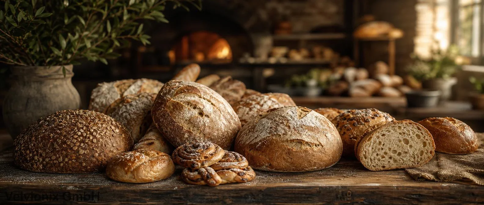 Decorative industry image: fresh bread and pastries in an artisan bakery atmosphere