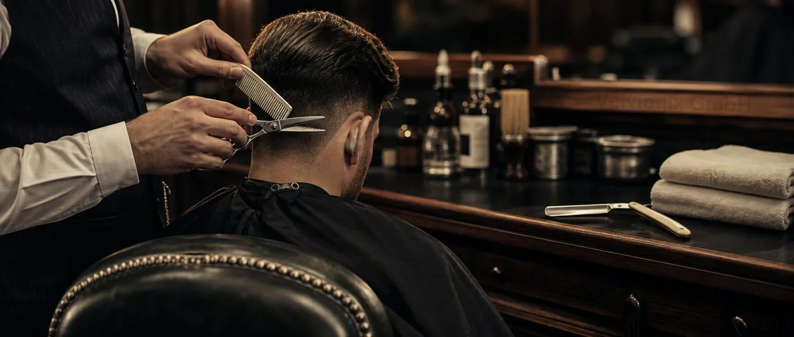 Dekoratives Branchenmotiv: Herrenhaarschnitt in klassischer Barbershop-Atmosphäre