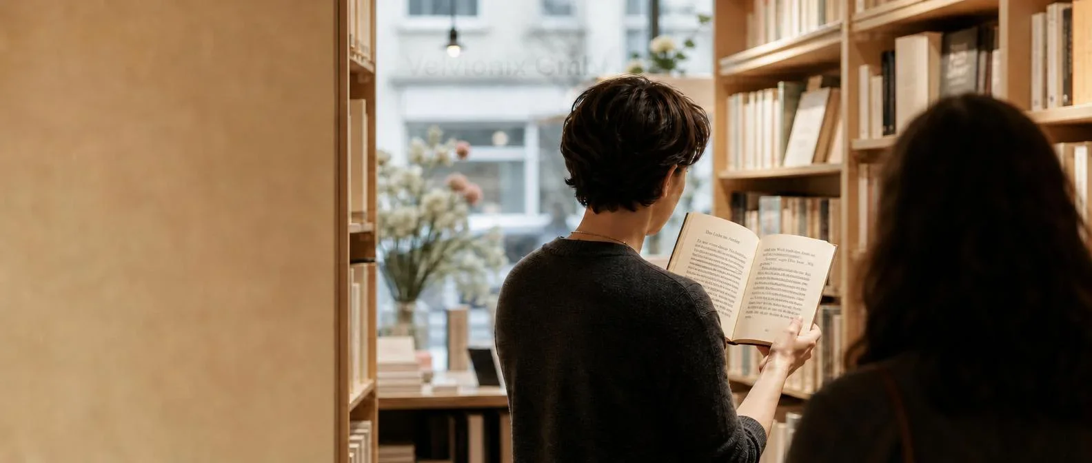 Decorative industry image: bookseller from behind with an open book in the bookshop aisle