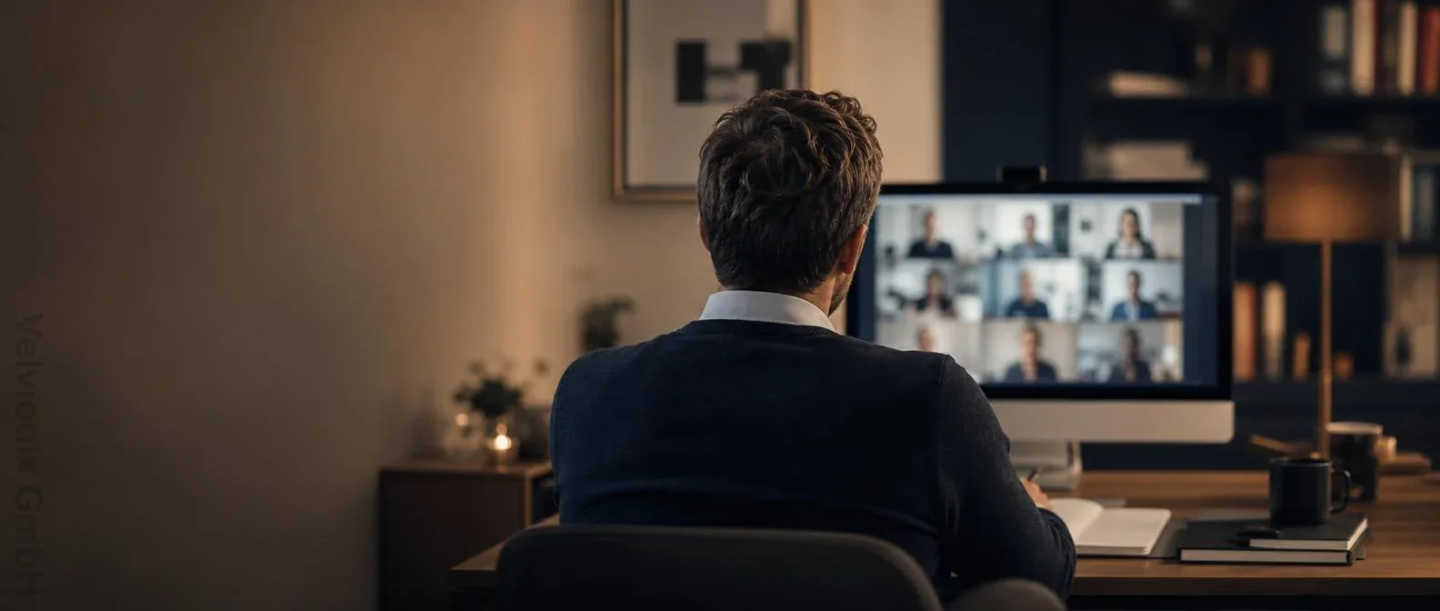 Dekoratives Branchenmotiv: Business-Coach von hinten bei einer Remote-Videokonferenz am Monitor