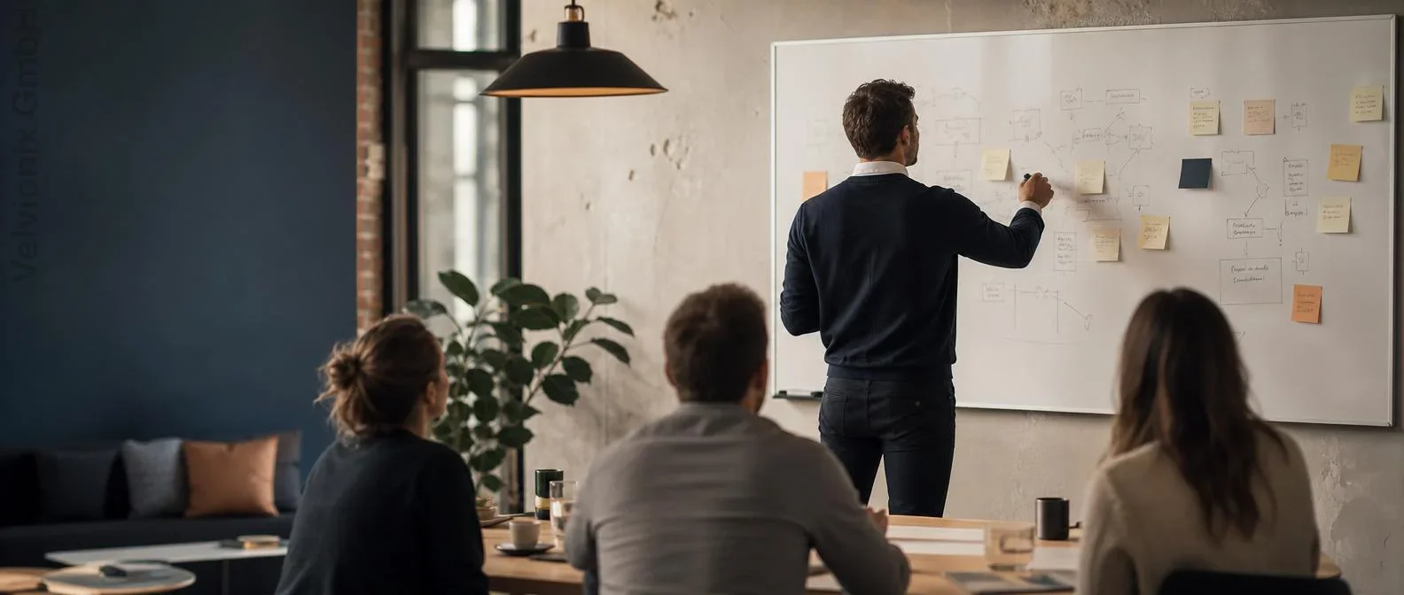 Decorative industry image: business consultant at a whiteboard in a startup workshop with team seen from behind