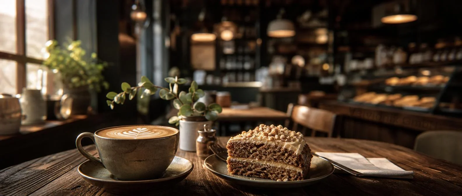 Decorative industry image: latte and cake in a cozy café atmosphere