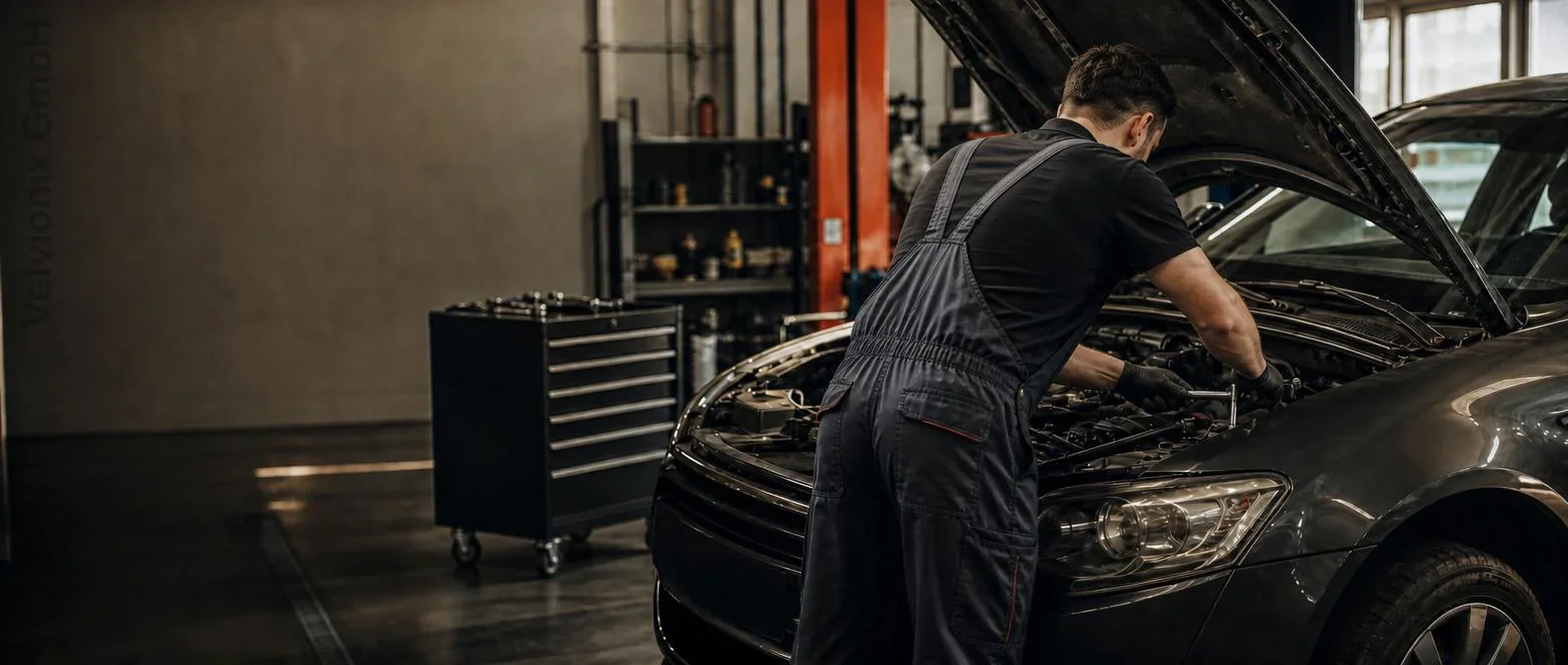 Dekoratives Branchenmotiv: KFZ-Mechaniker bei der Arbeit am Motor auf der Hebebühne