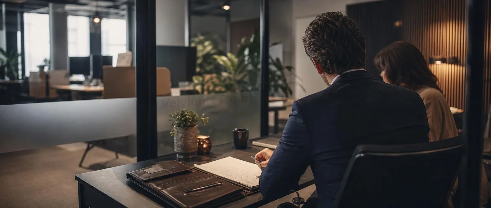 Dekoratives Branchenmotiv: Karrierecoach und Klientin im Co-Working-Meetingraum bei der Unterlagenprüfung