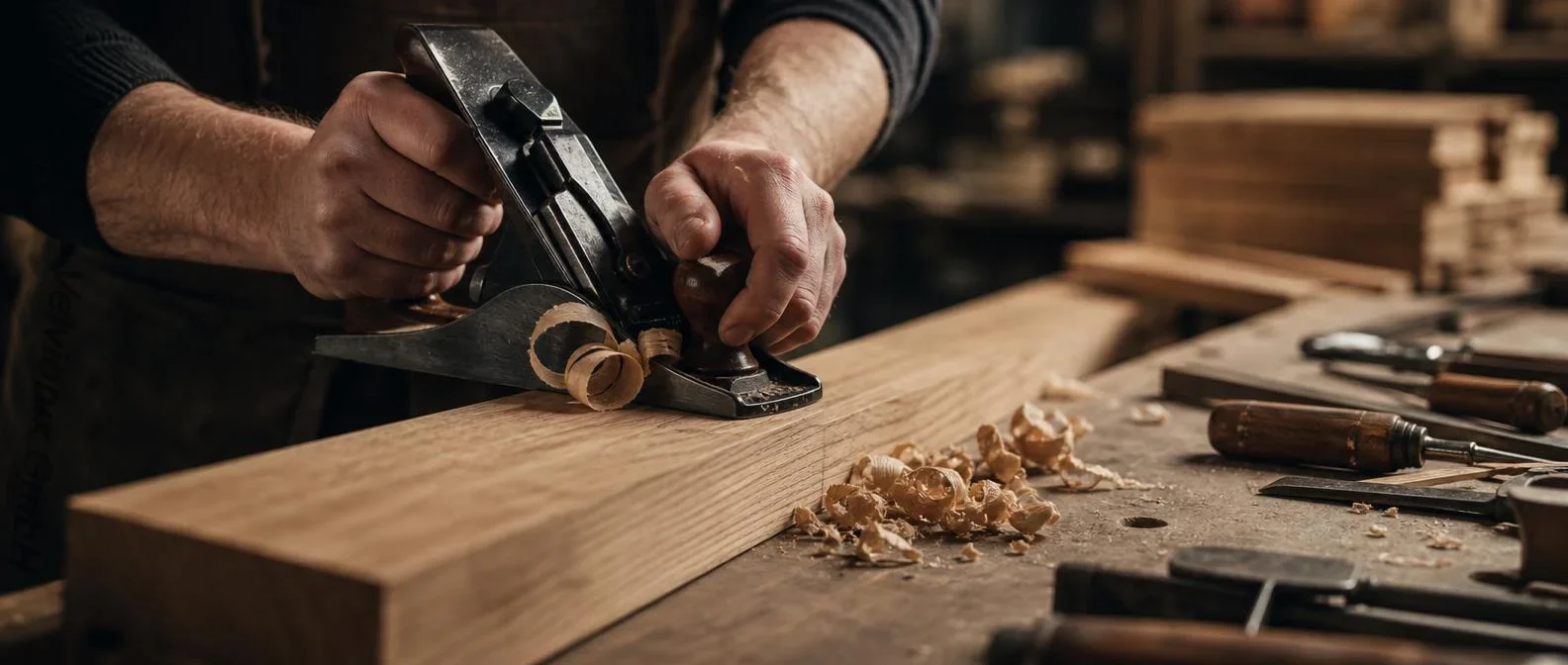 Dekoratives Branchenmotiv: Schreiner bei der Bearbeitung eines Holzbretts in der Werkstatt