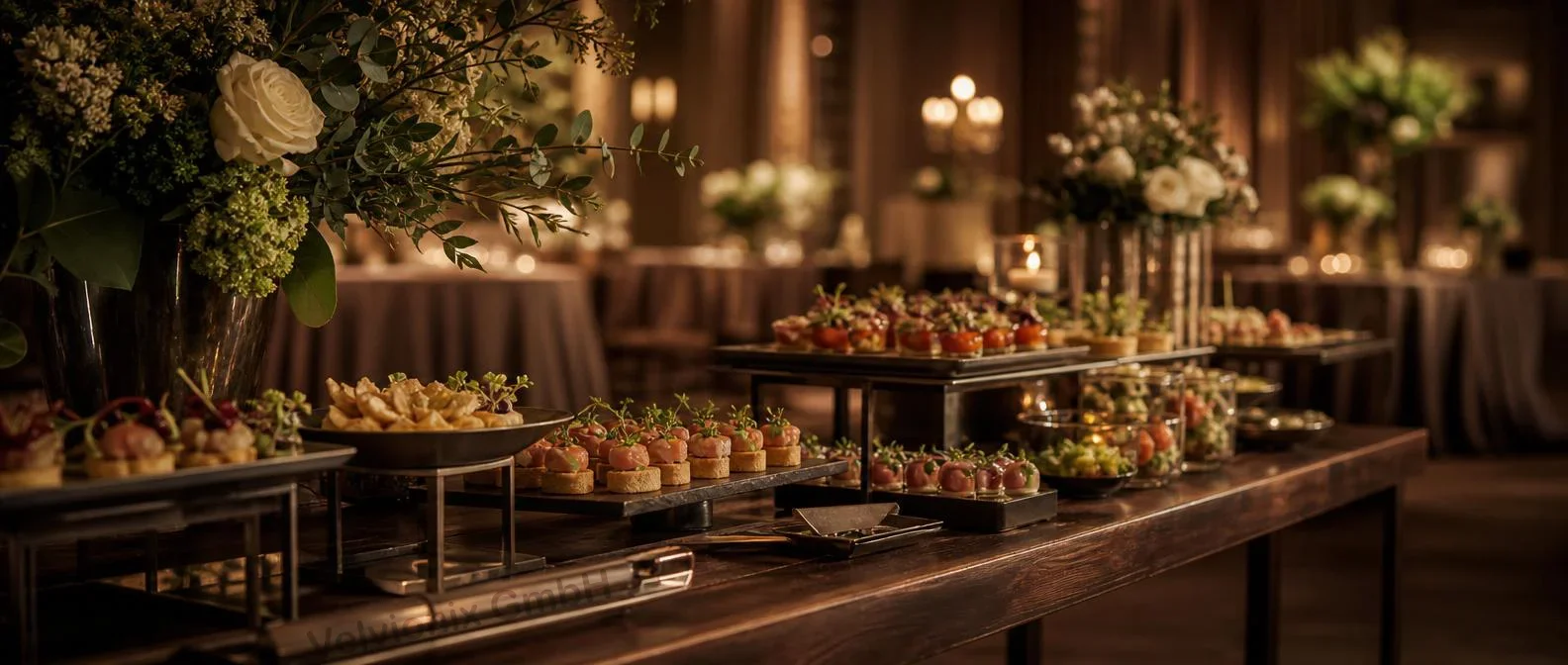 Decorative industry image: elegant event buffet with canapés and warm ambient lighting