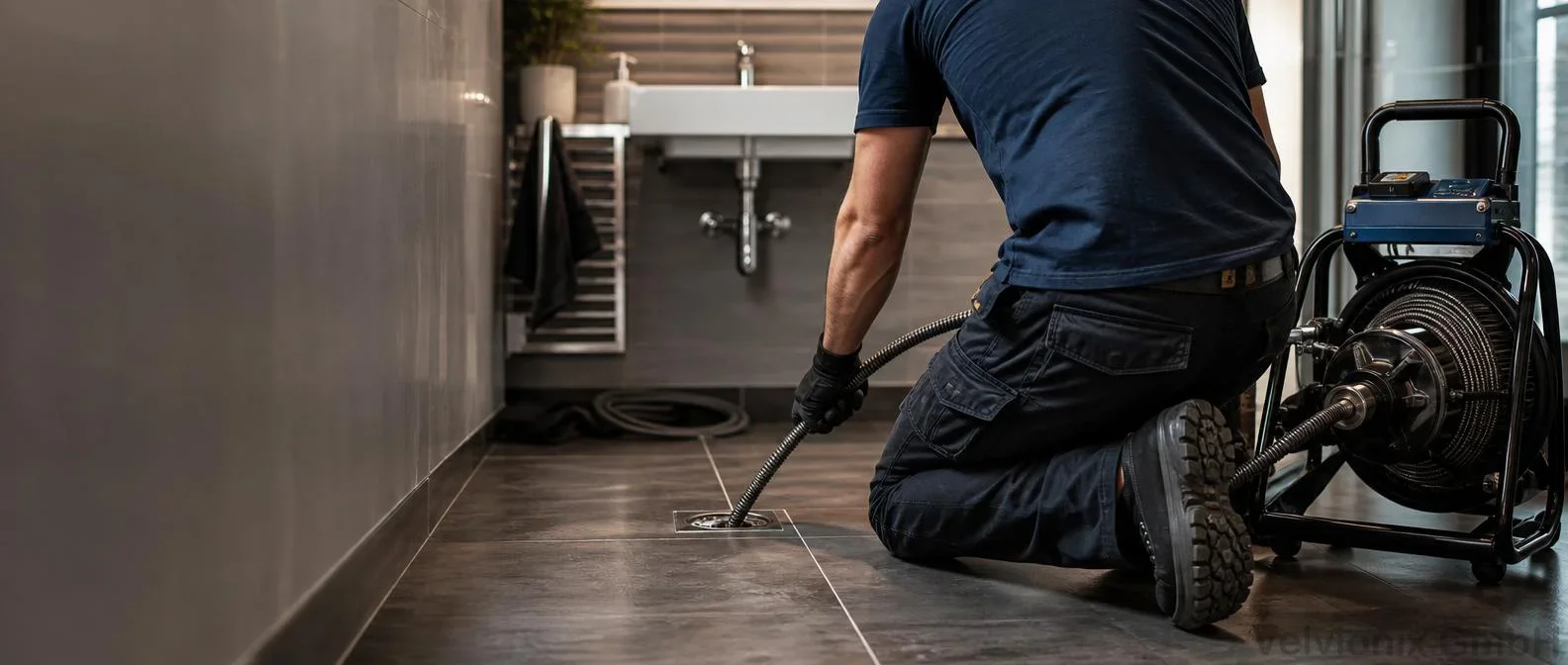 Dekoratives Branchenmotiv: Rohrreinigungstechniker bei der Arbeit an einem Abfluss