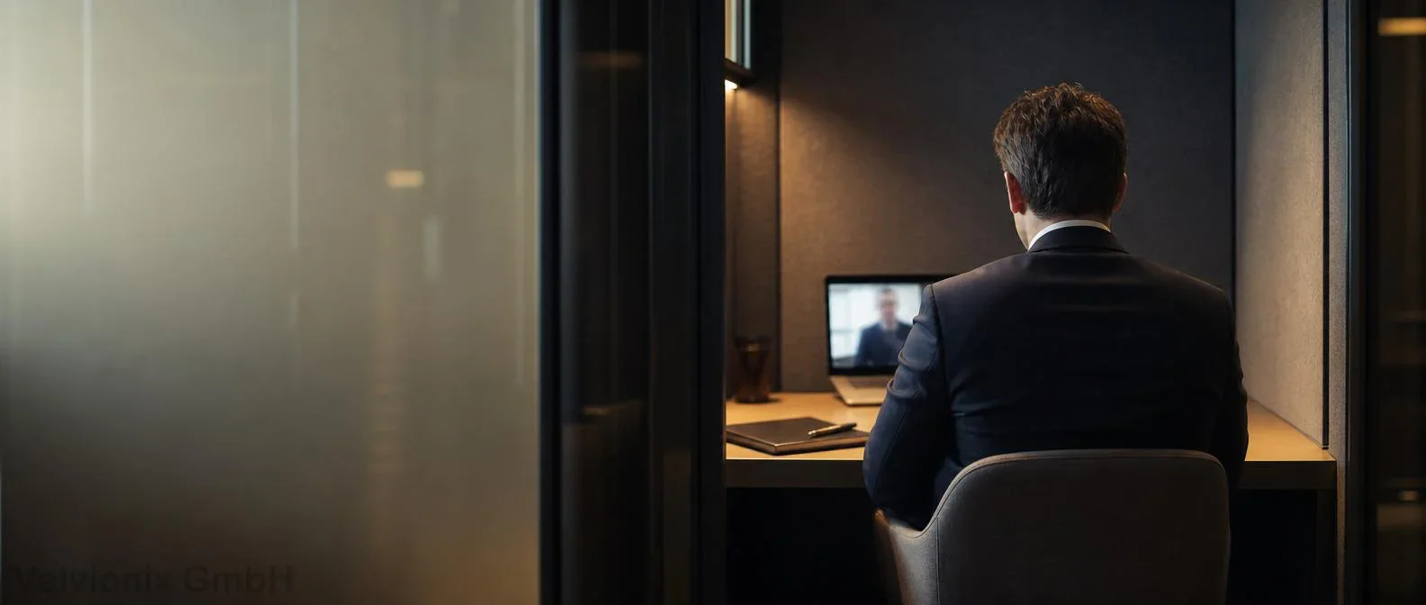 Dekoratives Branchenmotiv: Personalberater von hinten in einer Glas-Booth bei einem Video-Interview