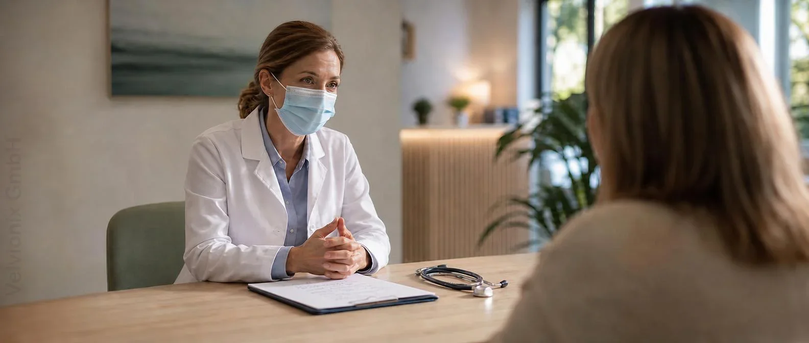 Dekoratives Branchenmotiv: Hausärztin mit Mundschutz im Beratungsgespräch gegenüber einer Patientin am Schreibtisch