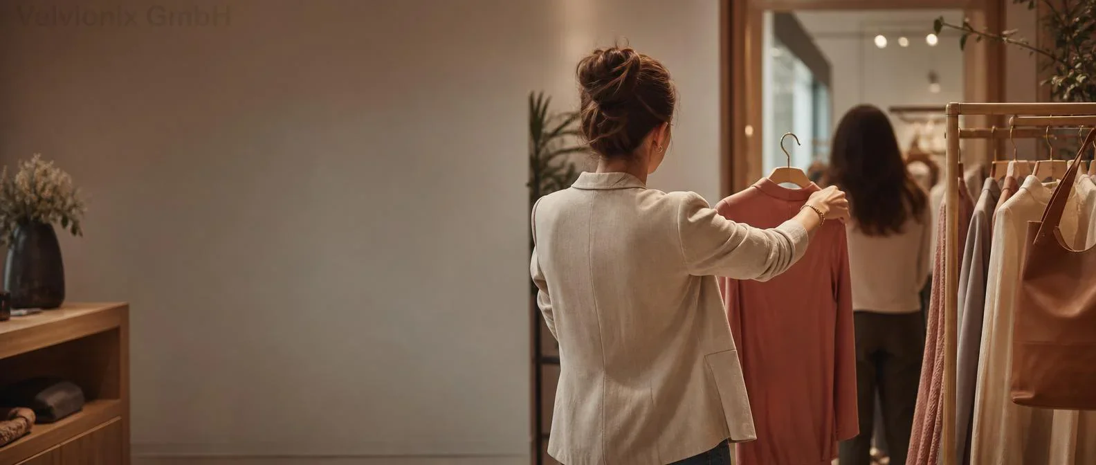 Decorative industry image: boutique stylist from behind holding a garment at a clothing rack