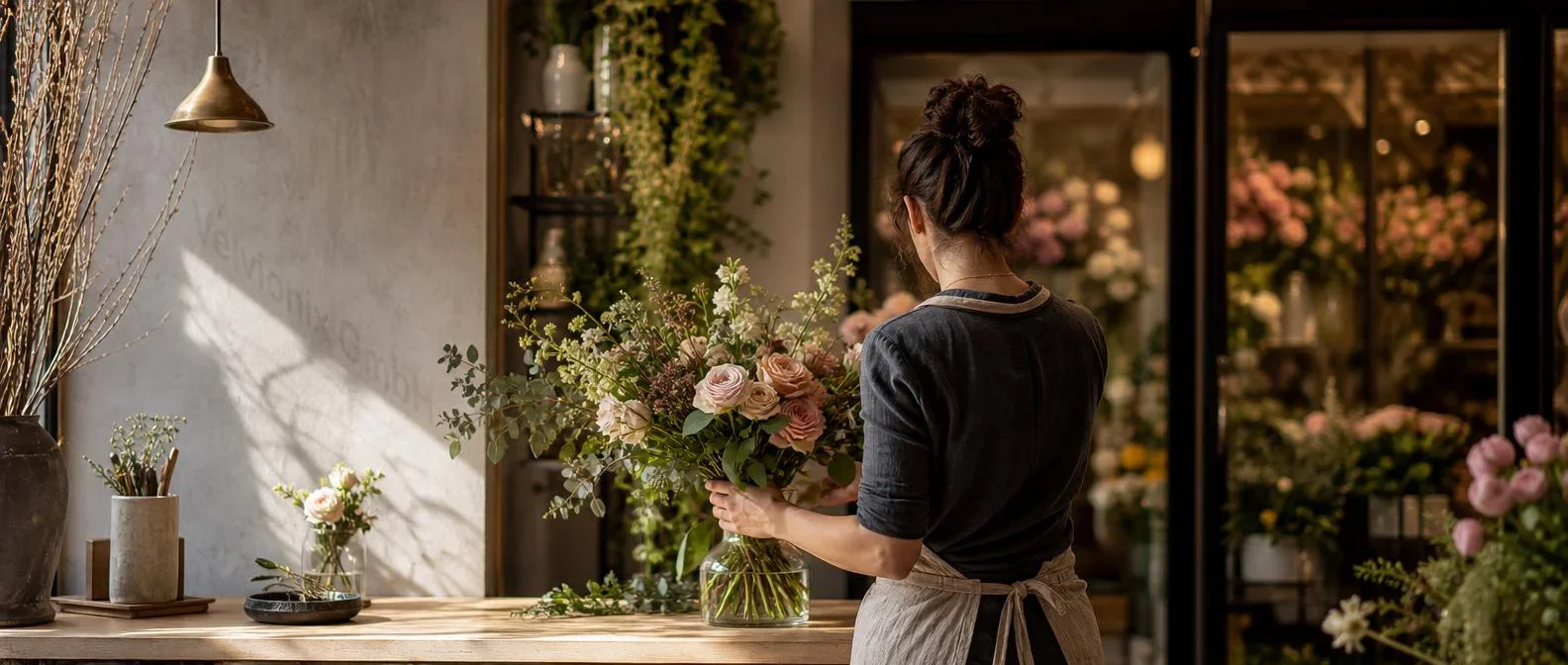 Decorative industry image: florist from behind arranging a bouquet at the shop workbench