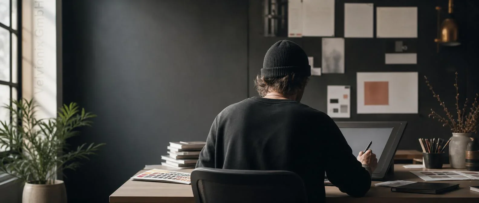 Dekoratives Branchenmotiv: Grafikdesigner von hinten am Zeichentablett im Designstudio