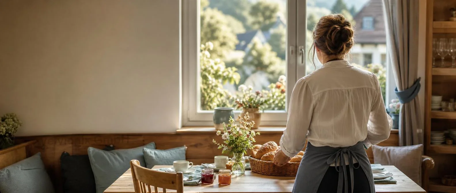 Dekoratives Branchenmotiv: Gastgeber richtet Frühstückstisch am Fenster einer Pension