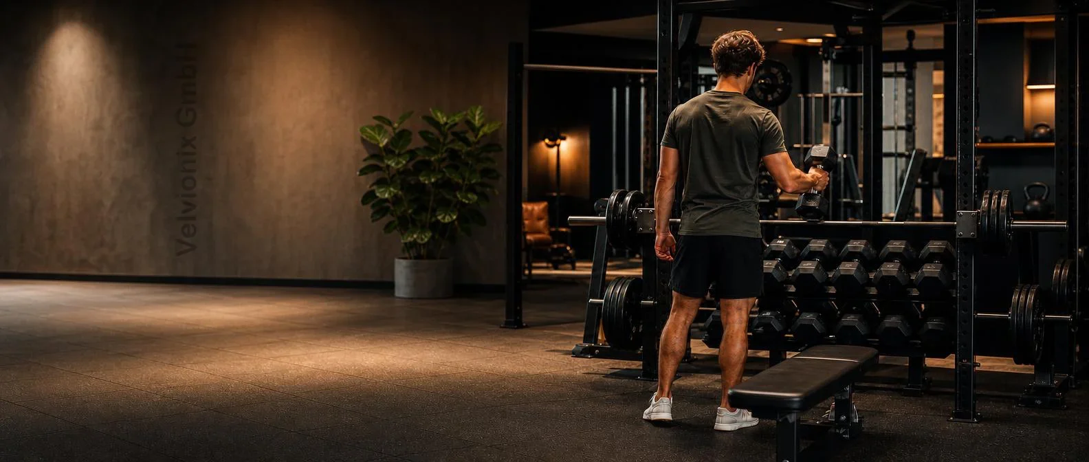 Dekoratives Branchenmotiv: Trainierender von hinten allein am Hantelregal im Fitnessstudio