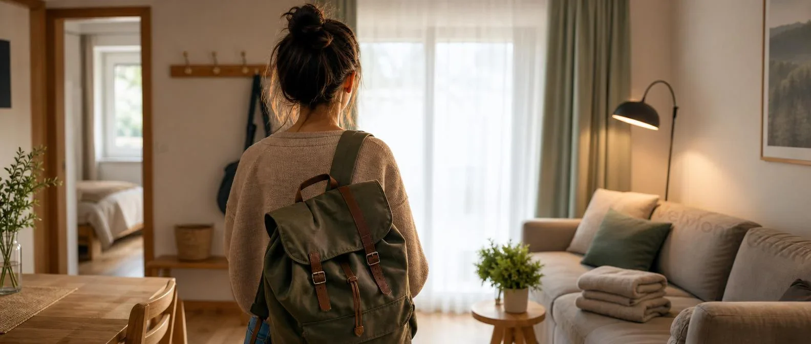 Dekoratives Branchenmotiv: Gast von hinten in der Wohnecke einer Ferienwohnung