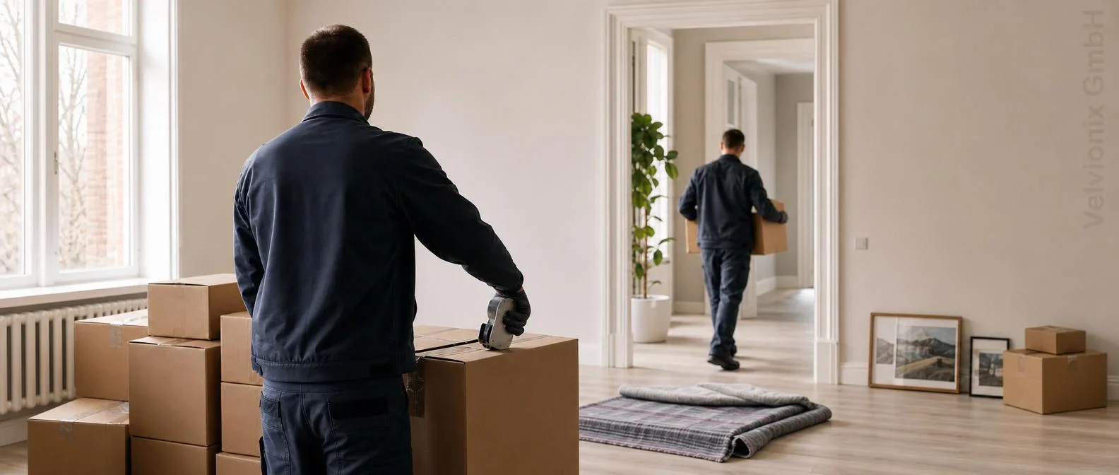Decorative industry image: house-clearance team from behind neatly packing cardboard boxes