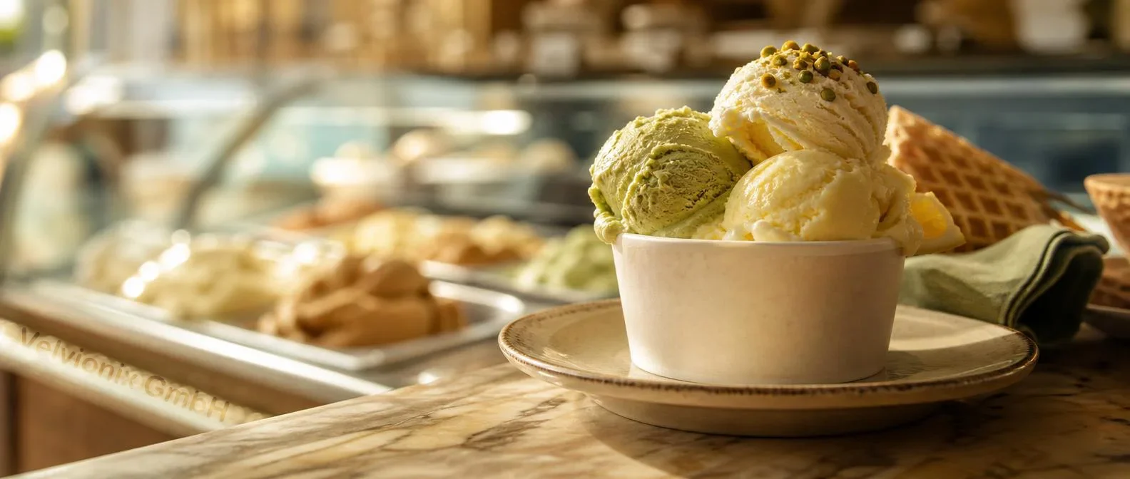 Decorative industry image: ice cream cup in an elegant gelateria atmosphere