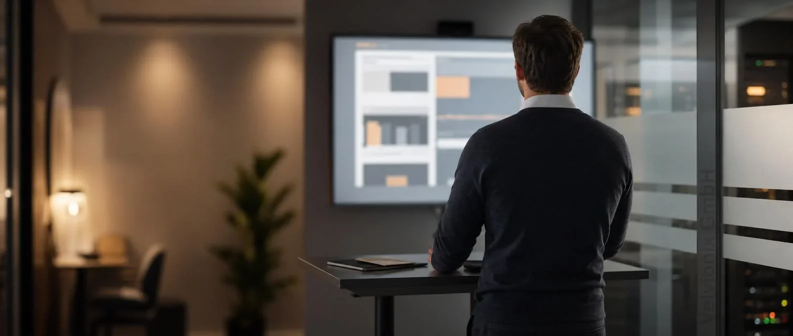 Decorative industry image: IT consultant from behind at a standing desk facing a dashboard monitor