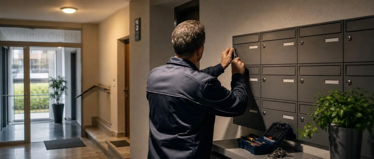 Dekoratives Branchenmotiv: Hausmeister von hinten repariert einen Briefkasten im Hausflur