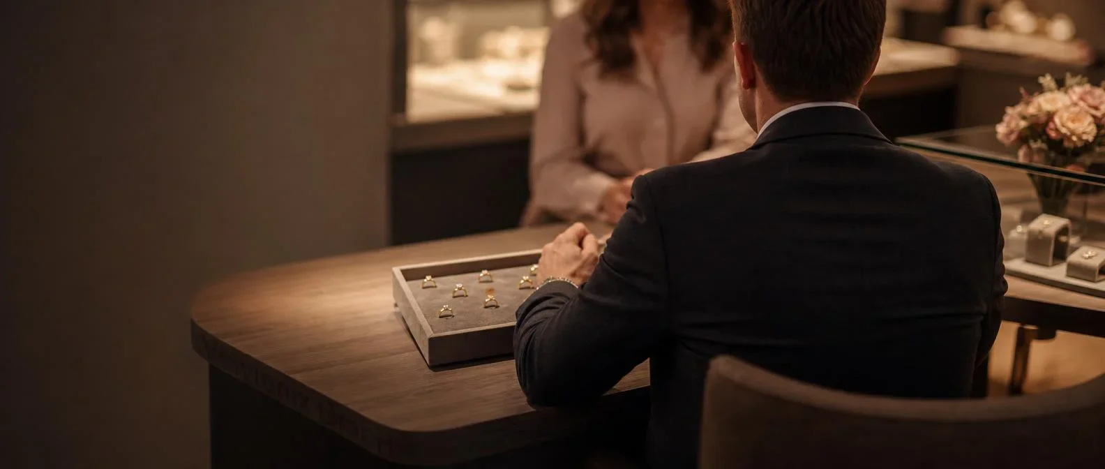 Decorative industry image: jeweller from behind at a consultation desk with a ring tray under spotlight