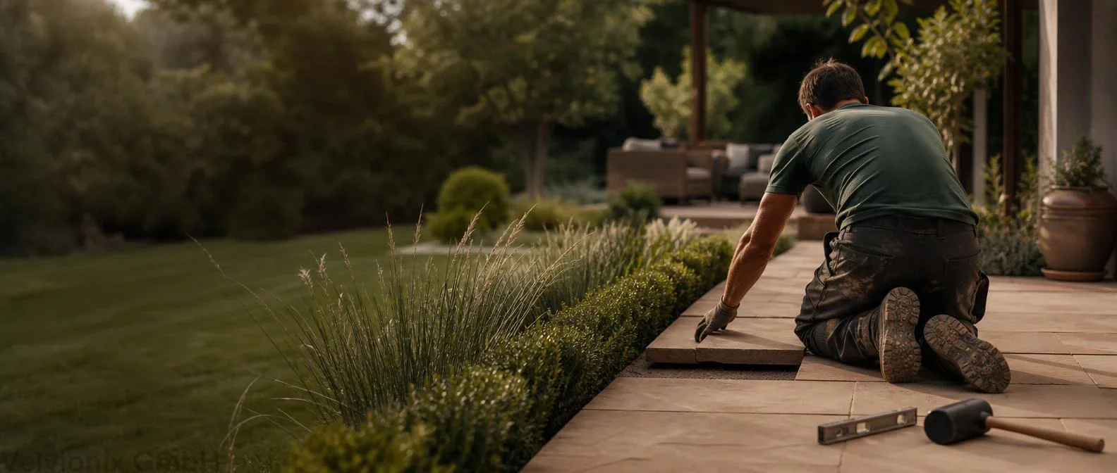 Decorative industry image: landscape gardening worker laying paving slabs in a garden