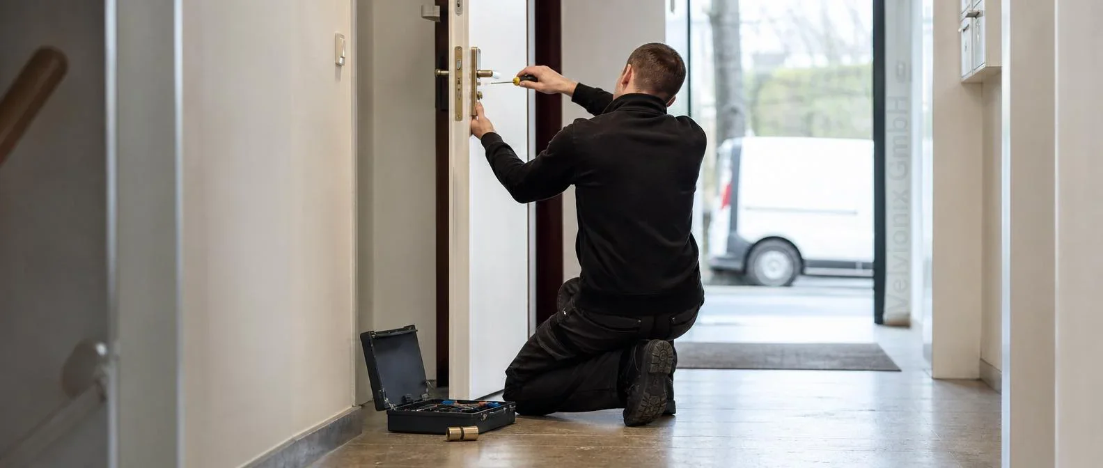 Dekoratives Branchenmotiv: Schlüsseldienst bei Schlosswechsel an einer Wohnungstür