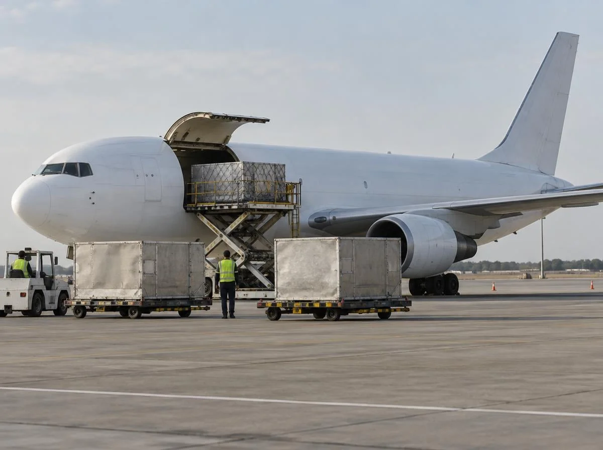 Frachtflugzeug auf dem Vorfeld mit geöffneter Ladeluke