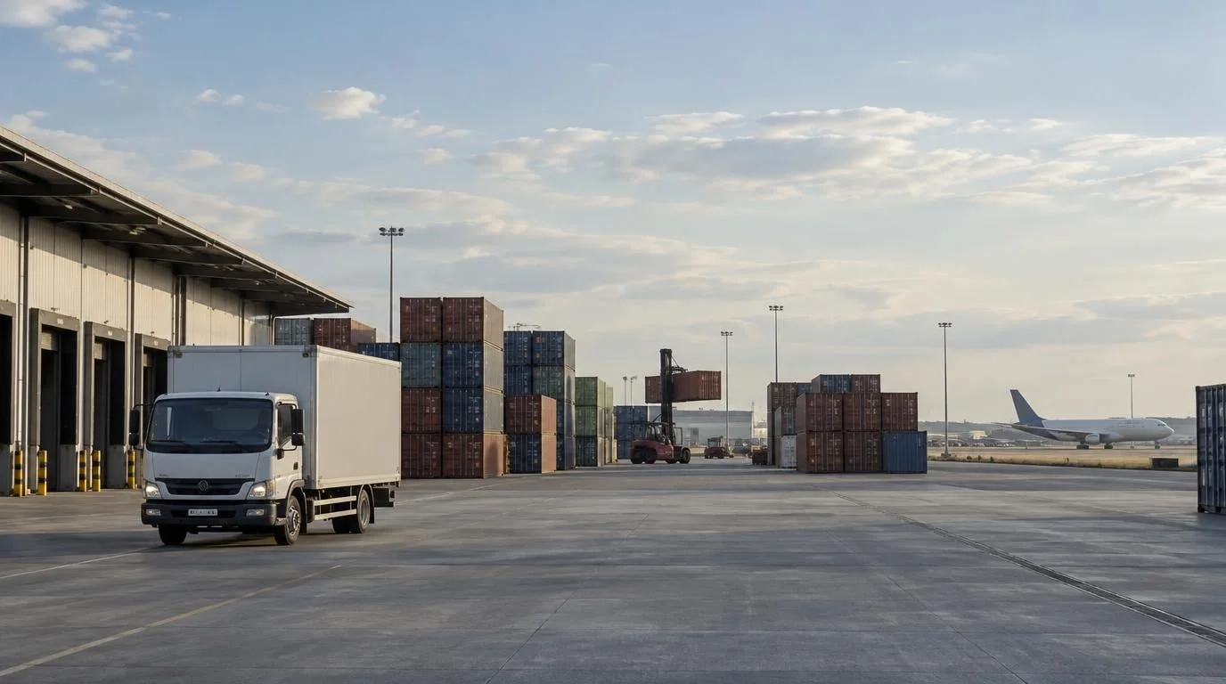 Lkw, Container und Frachtflugzeug auf einem Logistikgelände