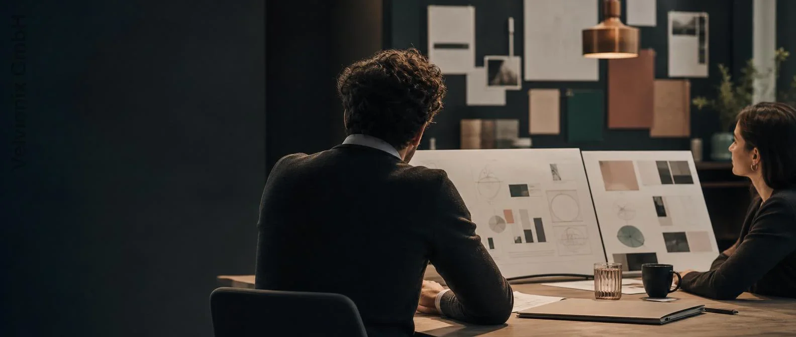 Dekoratives Branchenmotiv: Marketing-Agentur-Pitch am Tisch mit gedruckten Strategieboards