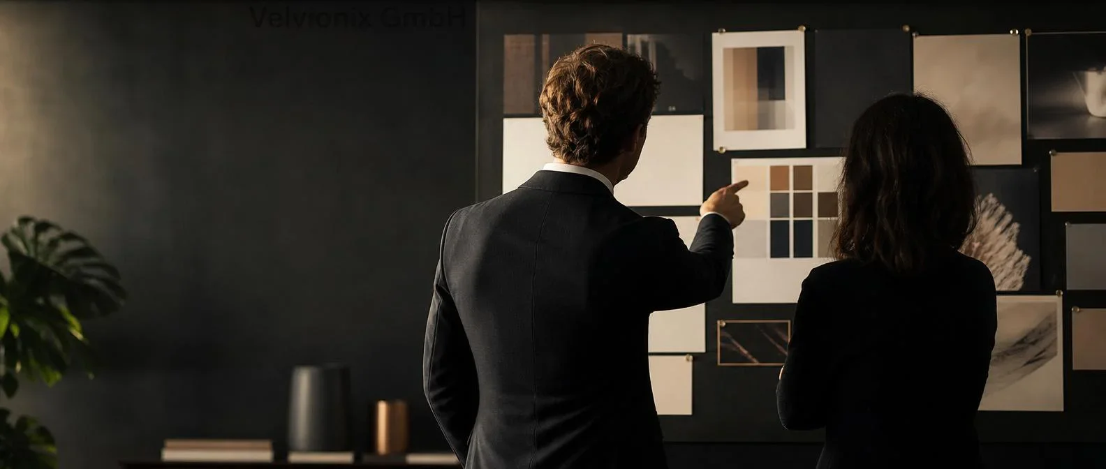 Dekoratives Branchenmotiv: Marketingberater und Klientin von hinten vor einer Moodboard-Wand