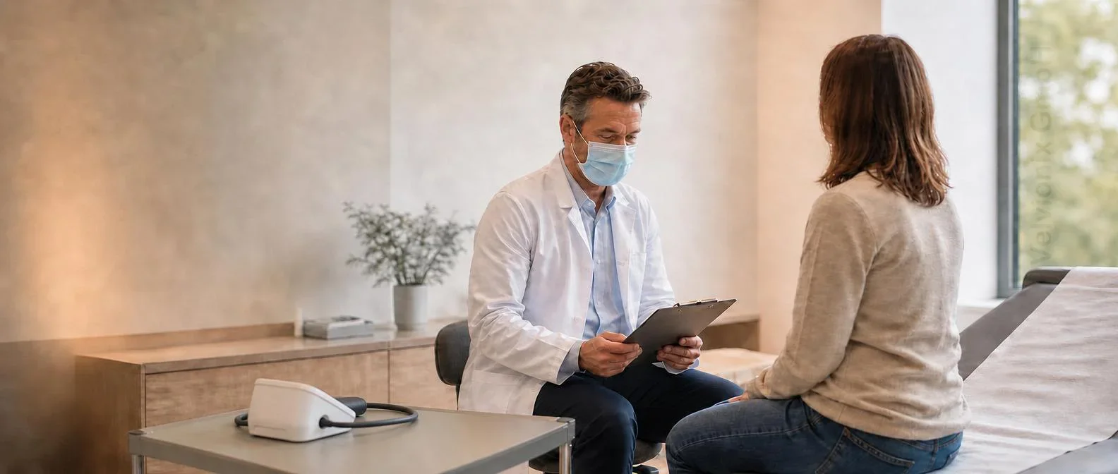 Dekoratives Branchenmotiv: Arzt mit Mundschutz prüft Notizen im Untersuchungsraum neben einer Patientin