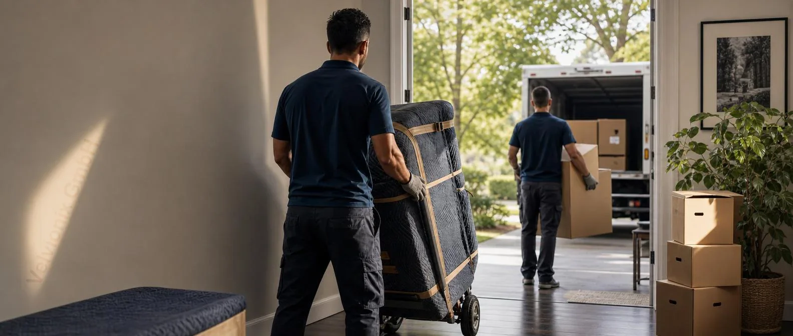 Dekoratives Branchenmotiv: Umzugshelfer von hinten mit eingepacktem Möbelstück auf der Sackkarre