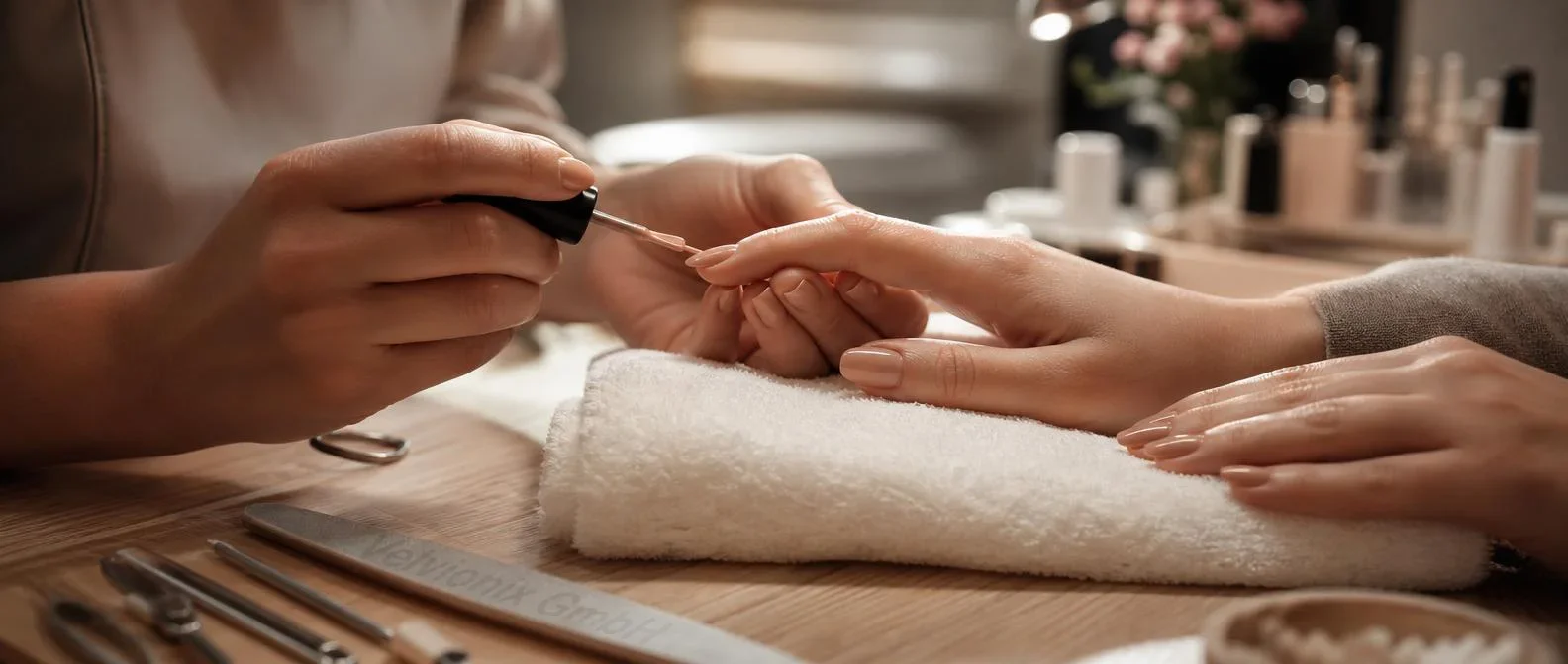 Decorative industry image: manicure in progress with a finished nail polish result