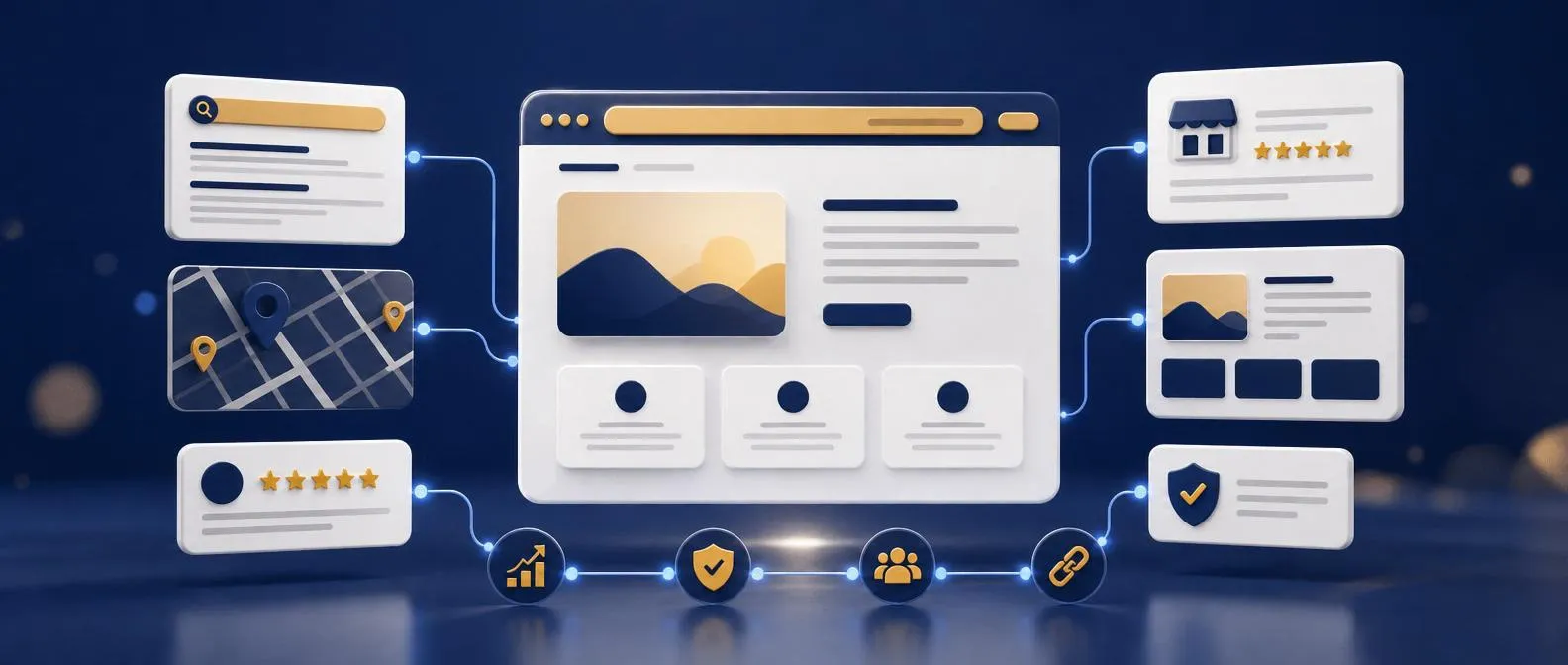 Abstract visualization of a website connected to local search, trust signals and organic visibility
