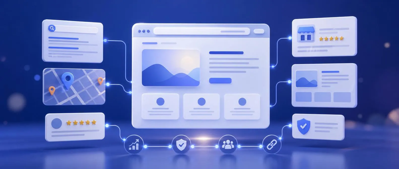 Abstract visualization of a website connected to local search, trust signals and organic visibility