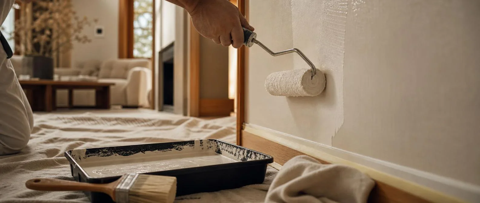 Decorative industry image: painter during interior renovation applying paint with a roller