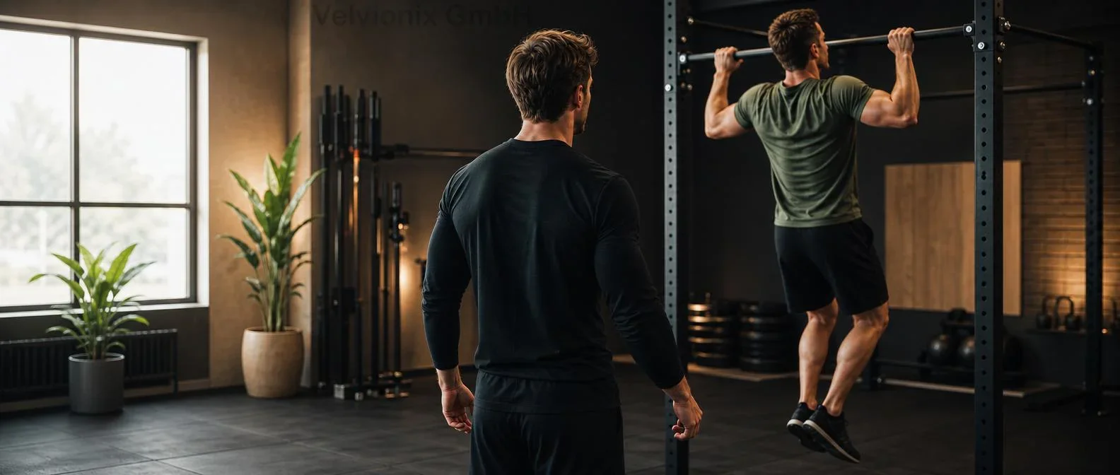 Dekoratives Branchenmotiv: Personal Trainer von hinten begleitet einen Mann beim Klimmzug