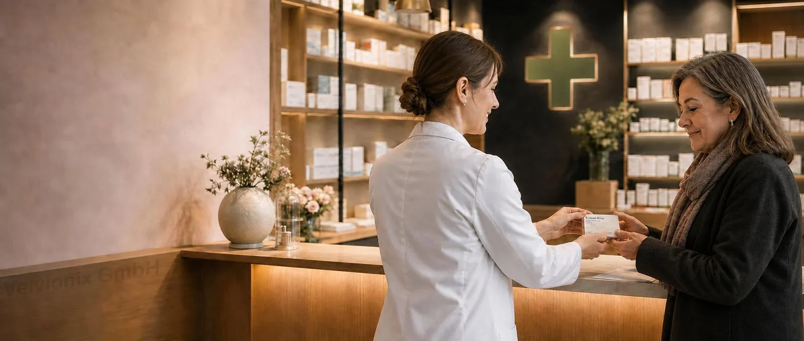 Dekoratives Branchenmotiv: Apothekerin am Beratungstresen übergibt Packung, Kundin im Seitenprofil