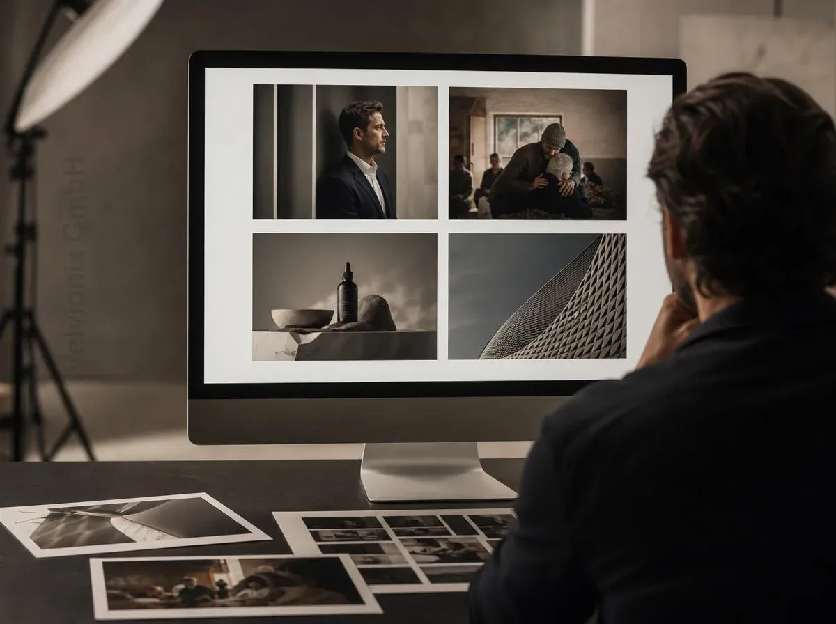 Photographer reviewing a curated portfolio on a large monitor