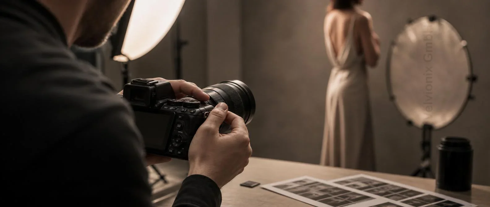 Dekoratives Branchenmotiv: Fotograf justiert die Kamera bei einem Shooting im Studio