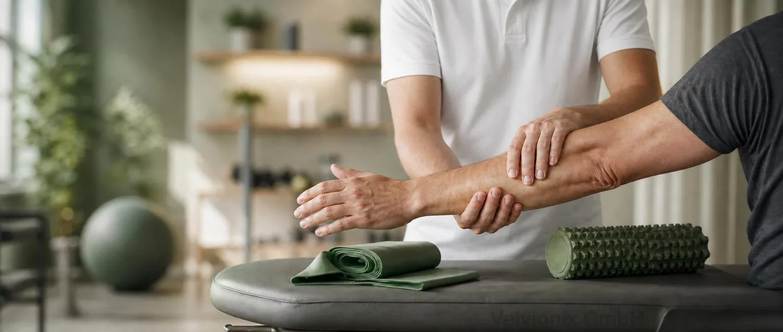 Dekoratives Branchenmotiv: ruhige Physiotherapie-Praxis mit Behandlung und Übungsmaterial