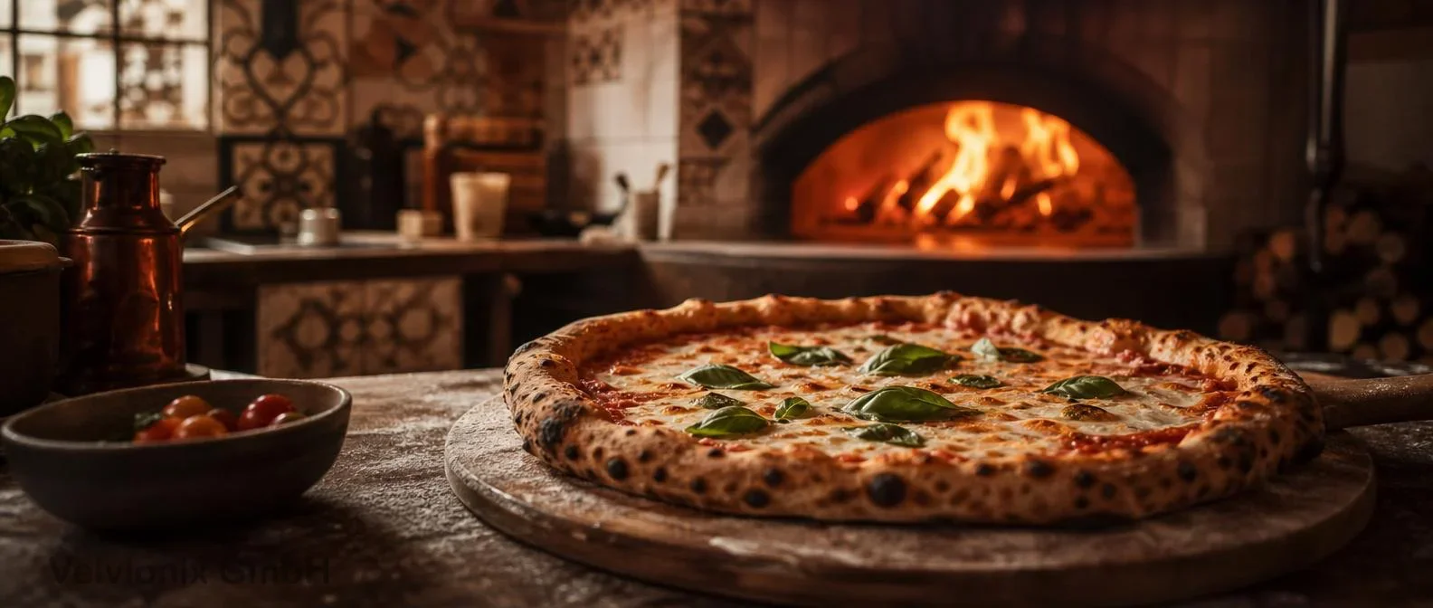 Decorative industry image: fresh wood-fired pizza in an artisan pizzeria atmosphere