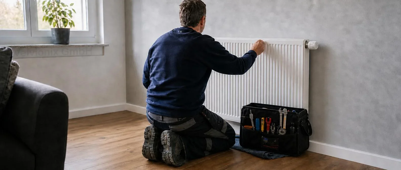 Dekoratives Branchenmotiv: SHK-Installateur entlüftet einen Heizkörper in einer Wohnung