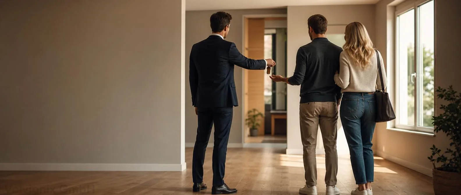 Decorative industry image: real estate agent handing keys to a couple inside an apartment