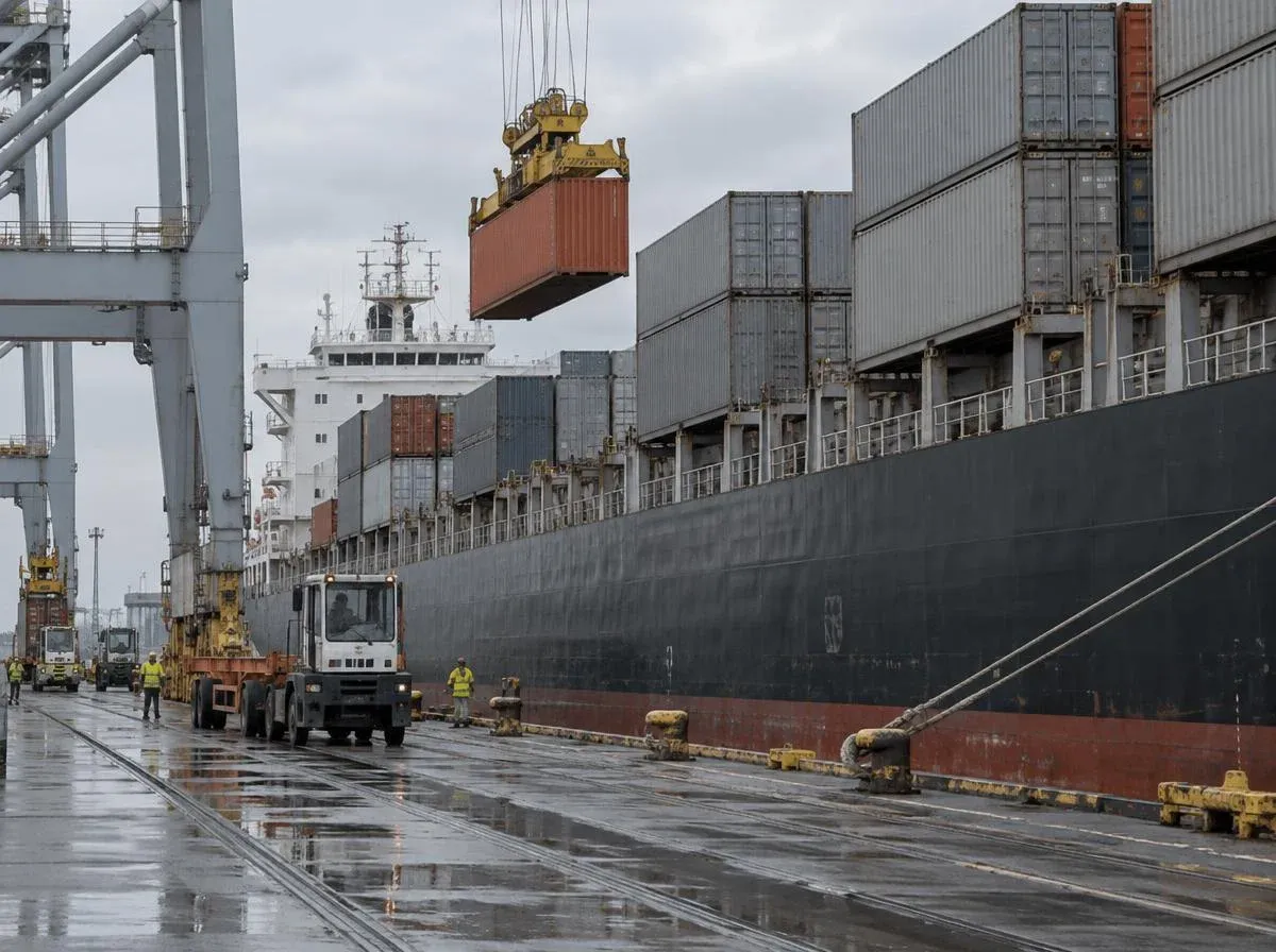 Container ship at the quay, with one container on the crane