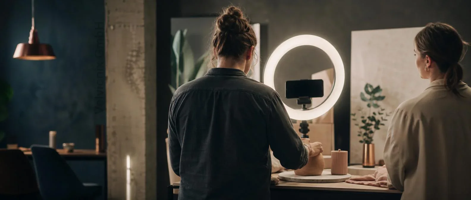 Dekoratives Branchenmotiv: Social-Media-Produktion mit Ringlicht und Content-Setup von hinten