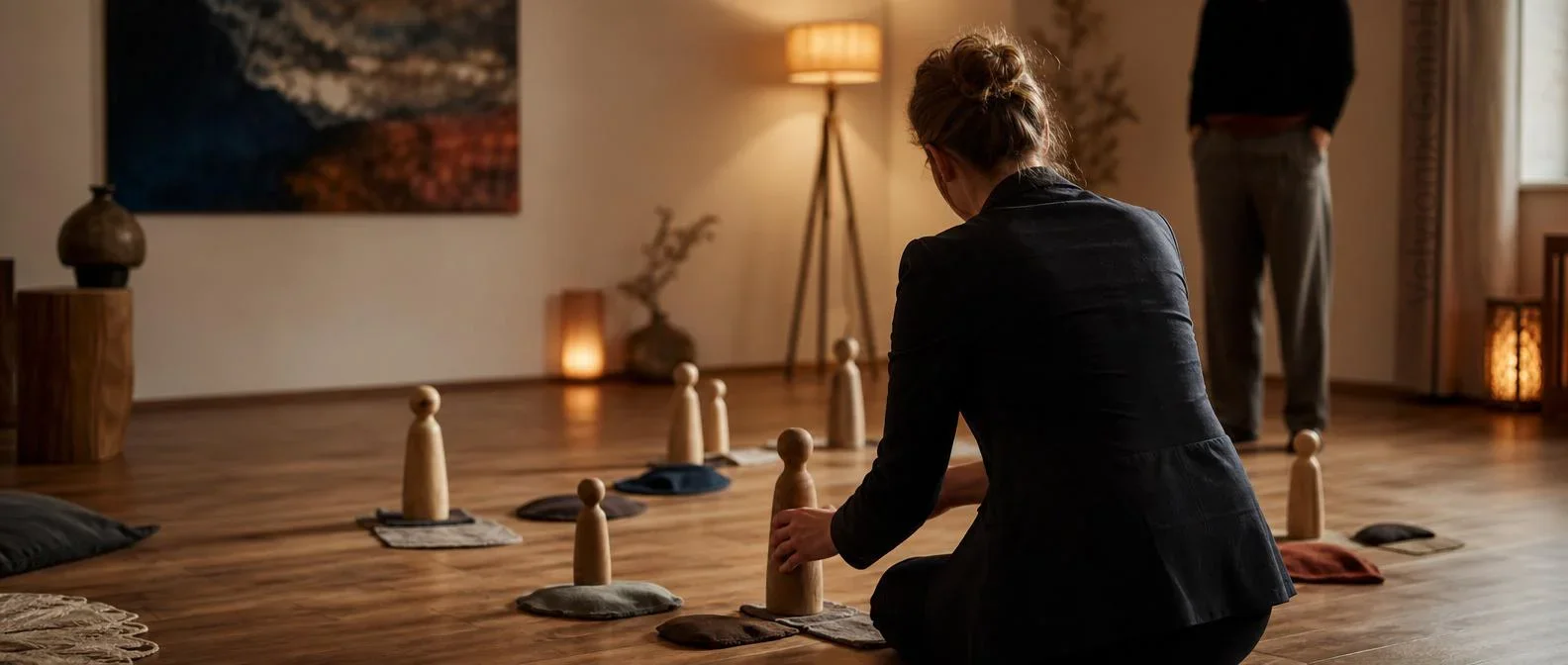Decorative industry image: systemic coach from behind arranging wooden figures in a floor constellation