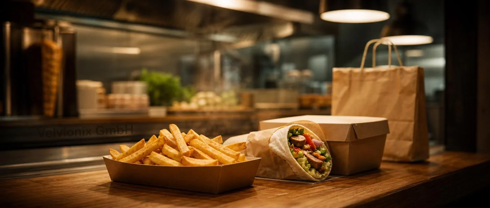 Decorative industry image: fresh takeaway food on a warm snack bar counter